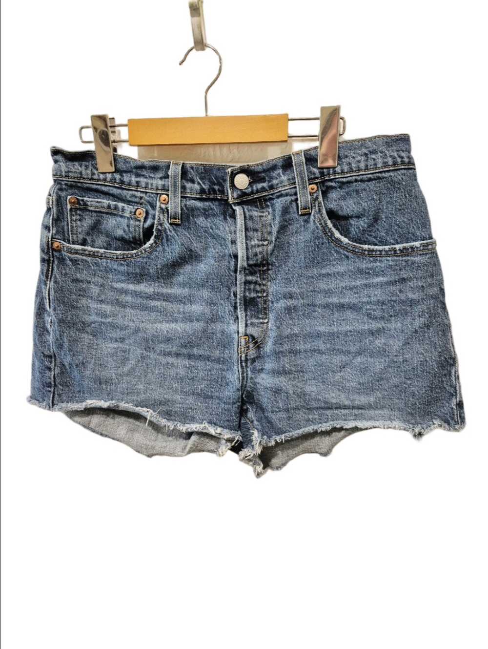 Levi's 501 High Rise Cutoff Denim Shorts Size 32 Distressed Raw Hem Blue
